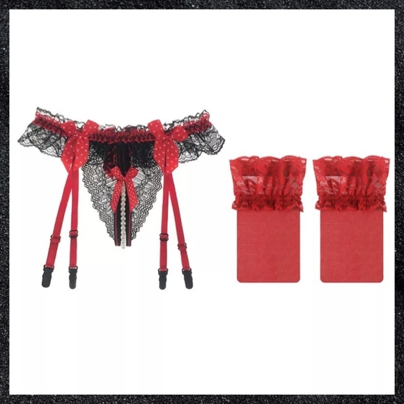 Dazed Fantasy Intimates & Sleepwear Red Lace Pearl Bead Open Crotch